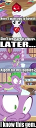 Size: 430x1498 | Tagged: safe, rarity, spike, dragon, pony, unicorn, comic, continuity, gem, image macro