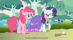 Size: 762x423 | Tagged: safe, screencap, pinkie pie, rarity, earth pony, pony, unicorn, keep calm and flutter on, clothes, dress, hub logo, necklace, youtube caption