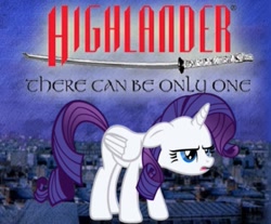 Size: 417x346 | Tagged: safe, rarity, alicorn, pony, alicorn drama, alicornified, crossover, highlander, movie, race swap, raricorn, there can be only one