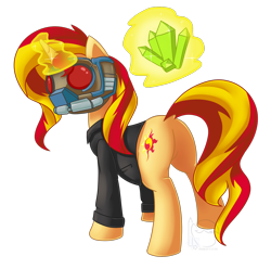 Size: 1690x1678 | Tagged: safe, artist:puetsua, sunset shimmer, pony, unicorn, clothes, commission, cosplay, dock, guardians of the galaxy, jacket, lego, levitation, looking back, magic, marvel, marvel cinematic universe, mask, plot, rock raiders, simple background, solo, star-lord, telekinesis, transparent background