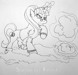 Size: 1024x993 | Tagged: safe, artist:redenaz, snowfall frost, starlight glimmer, pony, unicorn, a hearth's warming tail, glowing horn, levitation, magic, newbie artist training grounds, snow, solo, telekinesis, traditional art