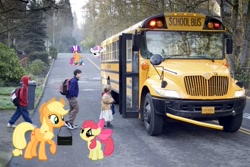 Size: 576x384 | Tagged: safe, artist:dontae98, apple bloom, applejack, scootaloo, sweetie belle, human, pony, cutie mark crusaders, irl, photo, ponies in real life, school bus, vector