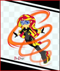 Size: 1128x1324 | Tagged: safe, artist:brodogz, sunset shimmer, equestria girls, equestrian city, firestar (marvel), flying, solo, superhero