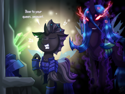 Size: 1500x1125 | Tagged: safe, artist:vavacung, queen chrysalis, oc, oc:captain black lotus, changeling, changeling queen, angry, behind you, cross-popping veins, crown, dialogue, eyes closed, glowing eyes, helmet, jewelry, raised hoof, red eyes, regalia, smiling, sombra eyes, this will end in pain