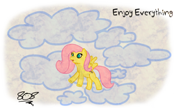 Size: 1802x1120 | Tagged: safe, artist:aruigus808, fluttershy, pegasus, pony, cloud, cloudy, enjoy everything