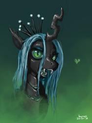 Size: 1985x2646 | Tagged: safe, artist:bigrigs, queen chrysalis, changeling, changeling queen, bust, fangs, female, heart, open mouth, portrait, solo