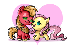 Size: 1215x769 | Tagged: safe, artist:pauuhanthothecat, big macintosh, fluttershy, earth pony, pegasus, pony, chibi, cute, fluttermac, macabetes, male, shipping, shyabetes, stallion