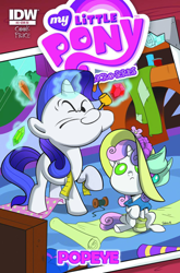 Size: 329x500 | Tagged: safe, artist:jimmytrius, artist:sibsy, edit, idw, rarity, sweetie belle, pony, unicorn, baby, baby belle, baby pony, comic, cover, fabric, filly, foal, gem, magic, parody, pipe, popeye, rareye the sailormare