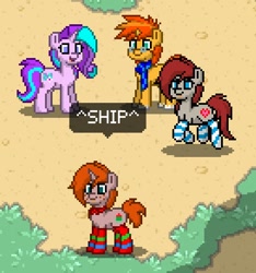 Size: 410x438 | Tagged: safe, screencap, starlight glimmer, sunburst, oc, oc:debra rose, pony, clothes, male, photobomb, pony town, shipper on deck, shipping, socks, starburst, straight, striped socks