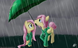 Size: 1280x800 | Tagged: safe, artist:nolycs, butterscotch, fluttershy, pegasus, pony, clothes, female, flutterscotch, hoodie, male, rain, rule 63, self ponidox, selfcest, shipping, straight, umbrella, wet mane