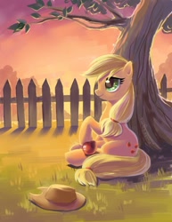 Size: 800x1035 | Tagged: safe, artist:fantazyme, applejack, earth pony, pony, apple, cowboy hat, fence, hat, obligatory apple, solo, sunset, tree