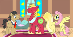 Size: 1255x637 | Tagged: safe, artist:missesnovember, big macintosh, filthy rich, fluttershy, earth pony, pegasus, pony, big n rich, gay, male, shipping, stallion, tail extensions