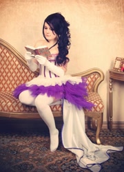 Size: 460x640 | Tagged: safe, artist:elvish, rarity, human, book, clothes, cosplay, irl, irl human, missing shoes, photo, reading, socks, solo, stockings