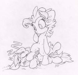 Size: 1033x1000 | Tagged: safe, artist:dfectivedvice, derpibooru import, pinkie pie, rainbow dash, earth pony, pegasus, pony, belly button, bipedal, grayscale, monochrome, sketch, sleeping, traditional art, zzz