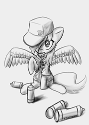 Size: 1000x1400 | Tagged: safe, artist:thattagen, derpy hooves, pegasus, pony, clothes, female, hat, mare, monochrome, solo