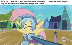 Size: 1366x856 | Tagged: safe, fluttershy, pegasus, pony, armor, comic sans, crystal guard armor, jousting, pov, text