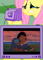 Size: 561x770 | Tagged: safe, fluttershy, pegasus, pony, death, fixed, fluttercry, lilo and stitch, lilo pelekai, meme, stitch, tv meme