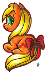 Size: 527x842 | Tagged: safe, artist:obligatorilyoptional, applejack, earth pony, pony, blonde mane, female, mare, orange coat, ribbon, solo