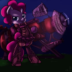 Size: 1280x1280 | Tagged: safe, pinkie pie, pony, bipedal, cannon, clothes, dress, solo