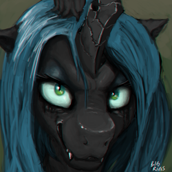 Size: 1000x1000 | Tagged: safe, artist:bigrigs, queen chrysalis, changeling, changeling queen, chromatic aberration, close-up, evil grin, fangs, grin, looking at you, smiling, solo