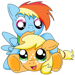 Size: 1600x1600 | Tagged: safe, artist:autumn-plains, applejack, rainbow dash, earth pony, pegasus, pony, appledash, ear bite, female, filly, hooves, lesbian, shipping