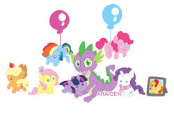 Size: 2000x1300 | Tagged: safe, artist:araiden, applejack, fluttershy, pinkie pie, rainbow dash, rarity, spike, sunset shimmer, twilight sparkle, twilight sparkle (alicorn), alicorn, dragon, earth pony, pegasus, pony, unicorn, apple, balloon, clothes, cute, female, floating, mane seven, mane six, mare, open mouth, plushie, scarf, simple background, sitting, smiling, solo, then watch her balloons lift her up to the sky, transparent background