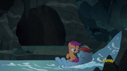 Size: 1920x1080 | Tagged: safe, derpibooru import, screencap, rainbow dash, scootaloo, pegasus, pony, campfire tales, best pony, eyes closed, heartwarming, rainboat dash, river, scootalove, sitting on pony, smiling, swimming, water