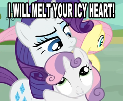 Size: 726x597 | Tagged: safe, rarity, sweetie belle, pegasus, pony, unicorn, female, horn, hug, image macro, mare