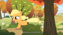 Size: 640x355 | Tagged: safe, screencap, applejack, earth pony, pony, female, filly, mare, youtube caption