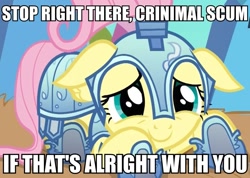 Size: 867x618 | Tagged: safe, fluttershy, pegasus, pony, armor, c:, criminal scum, crystal guard armor, cute, floppy ears, guard, if that's okay with you, image macro, looking at you, shyabetes, smiling, solo, stop right there criminal scum