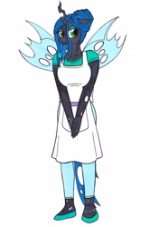 Size: 2446x3468 | Tagged: safe, artist:killerteddybear94, queen chrysalis, anthro, changeling, changeling queen, plantigrade anthro, apron, breasts, clothes, female, hair bun, housewife, pants, ring, shoes, smiling, wedding ring