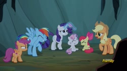 Size: 1280x720 | Tagged: safe, derpibooru import, screencap, apple bloom, applejack, rainbow dash, rarity, scootaloo, sweetie belle, earth pony, pegasus, pony, unicorn, campfire tales, campfire, cave, cutie mark crusaders, fly-der bite, horses doing horse things, scratching