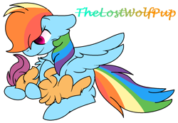 Size: 1382x956 | Tagged: safe, artist:thelostwolfpup, derpibooru import, rainbow dash, scootaloo, pegasus, pony, cuddling, cute, cutealoo, dashabetes, female, lesbian, scootadash, scootalove, shipping, size difference