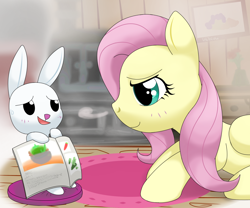 Size: 1350x1125 | Tagged: safe, artist:hoyeechun, angel bunny, fluttershy, pegasus, pony, female, mare, sweatdrop