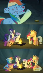 Size: 1280x2152 | Tagged: safe, derpibooru import, screencap, apple bloom, applejack, rainbow dash, rarity, scootaloo, sweetie belle, earth pony, pegasus, pony, unicorn, campfire tales, campfire, cave, cutie mark crusaders, female, filly, fire, fly-der bite, foal, mare