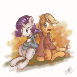 Size: 900x902 | Tagged: safe, artist:waywardtrail, artist:zestyoranges, applejack, rarity, earth pony, pony, unicorn, clothes, female, hoodie, lesbian, rarijack, shipping