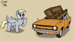 Size: 1920x1080 | Tagged: safe, artist:captain-70s, derpy hooves, pegasus, pony, female, mare, morris marina, piano, top gear