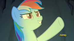 Size: 1277x715 | Tagged: safe, derpibooru import, screencap, rainbow dash, pegasus, pony, campfire tales, cave, discovery family logo, female, grin, mare, smiling, smirk, solo, underhoof