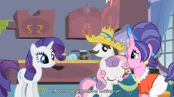 Size: 849x473 | Tagged: safe, edit, edited screencap, screencap, cookie crumbles, rarity, sweetie belle, pony, unicorn, sisterhooves social, caption, clothes, eyes closed, female, filly, male, mare, stallion, youtube caption