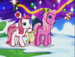 Size: 640x480 | Tagged: safe, screencap, desert rose, pinkie pie, earth pony, pony, a very minty christmas, g3, christmas tree, scroll, tree