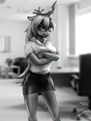 Size: 1125x1500 | Tagged: safe, artist:hardbrony, queen chrysalis, anthro, changeling, changeling queen, breasts, clothes, crossed arms, female, floppy ears, legs, looking at you, miniskirt, monochrome, pantyhose, shirt, sketch, skirt, solo