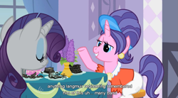 Size: 849x467 | Tagged: safe, edit, edited screencap, screencap, cookie crumbles, rarity, pony, unicorn, sisterhooves social, caption, clothes, female, mare, youtube caption