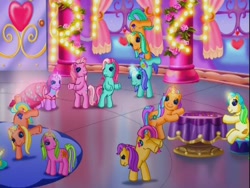 Size: 640x480 | Tagged: safe, lily lightly, minty, pinkie pie, pony, unicorn, come back lily lightly, g3, background pony, crowd, dancing, glow, group shot, lights