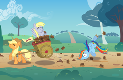 Size: 5545x3601 | Tagged: safe, artist:discorded, derpibooru import, applejack, derpy hooves, rainbow dash, earth pony, pegasus, pony, absurd resolution, apple brown betty (food), cart, faceplant, falling, female, mare, muffin