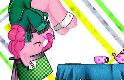Size: 1080x700 | Tagged: safe, artist:azure-doodle, pinkie pie, earth pony, pony, alice in wonderland, clothes, eyes closed, female, mad hatter, mare, solo, tea party, upside down