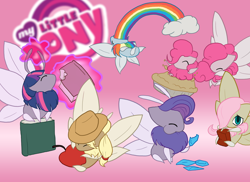 Size: 1024x745 | Tagged: safe, artist:toughset, derpibooru import, applejack, fluttershy, pinkie pie, rainbow dash, rarity, twilight sparkle, moth, mothpony, original species, apple, book, juice box, mane six, my little x, pie, rainbow, species swap