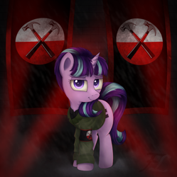 Size: 2240x2250 | Tagged: safe, artist:flufflelord, starlight glimmer, pony, unicorn, clothes, crossover, equal cutie mark, flag, implied hammers, looking at you, military uniform, pink floyd, smiling, solo, starlight himmler, the wall
