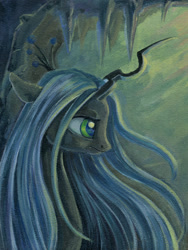 Size: 600x800 | Tagged: safe, artist:maytee, queen chrysalis, changeling, changeling queen, acrylic painting, bust, cave, crown, female, horn, jewelry, regalia, solo, traditional art