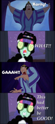 Size: 640x1433 | Tagged: safe, edit, edited screencap, screencap, rarity, pony, unicorn, over a barrel, comic, crossover, cucumber, food, hair curlers, kronk, mud mask, screencap comic, the emperor's new groove