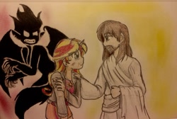 Size: 800x539 | Tagged: safe, artist:fallenangel5414, sunset satan, sunset shimmer, human, equestria girls, christian sunset shimmer, christianity, clothes, debate in the comments, frown, horned humanization, humanized, jesus christ, redemption, religion, smiling, standing, traditional art
